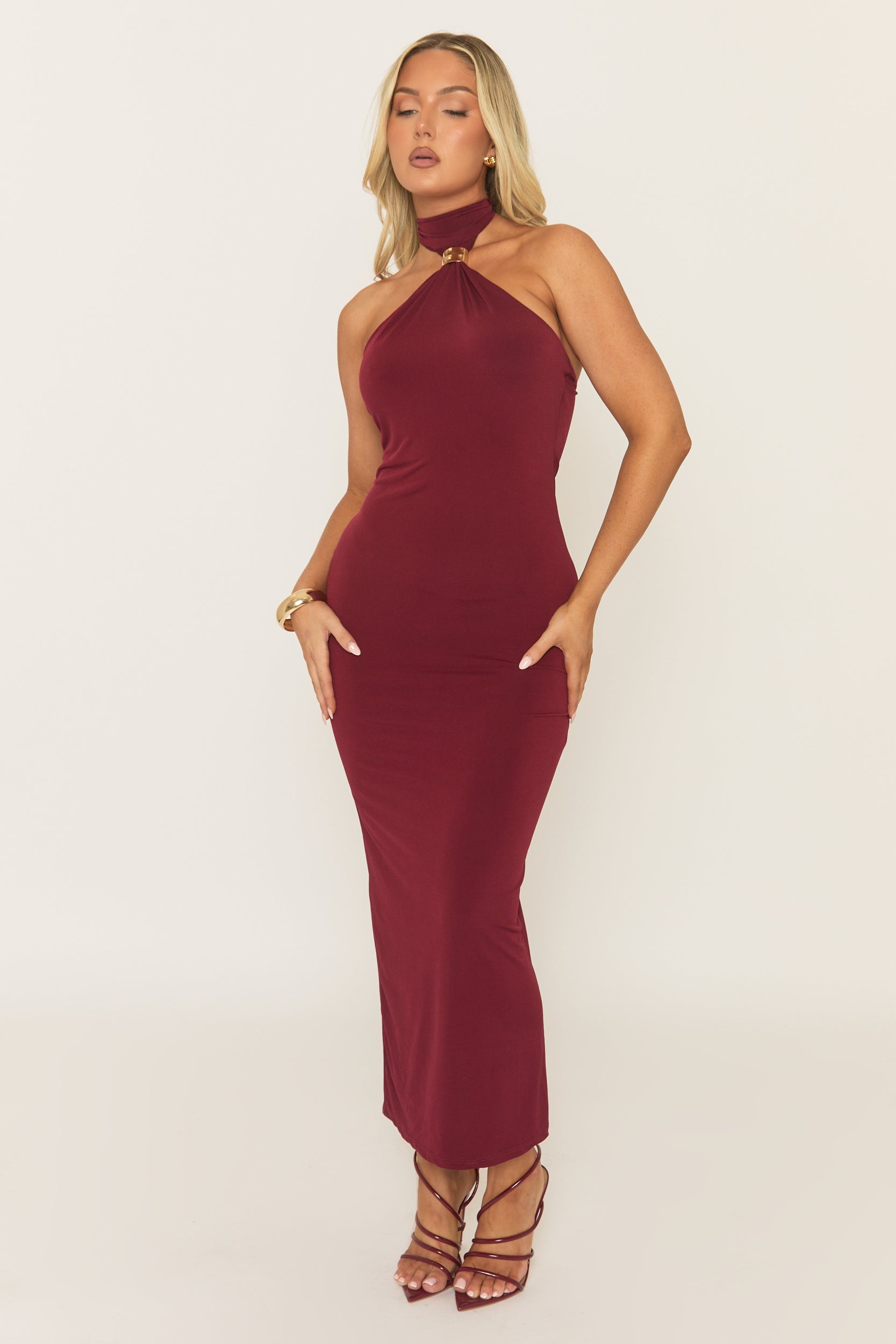 Wine Gold Trim Halterneck Maxi Dress - Maryanne