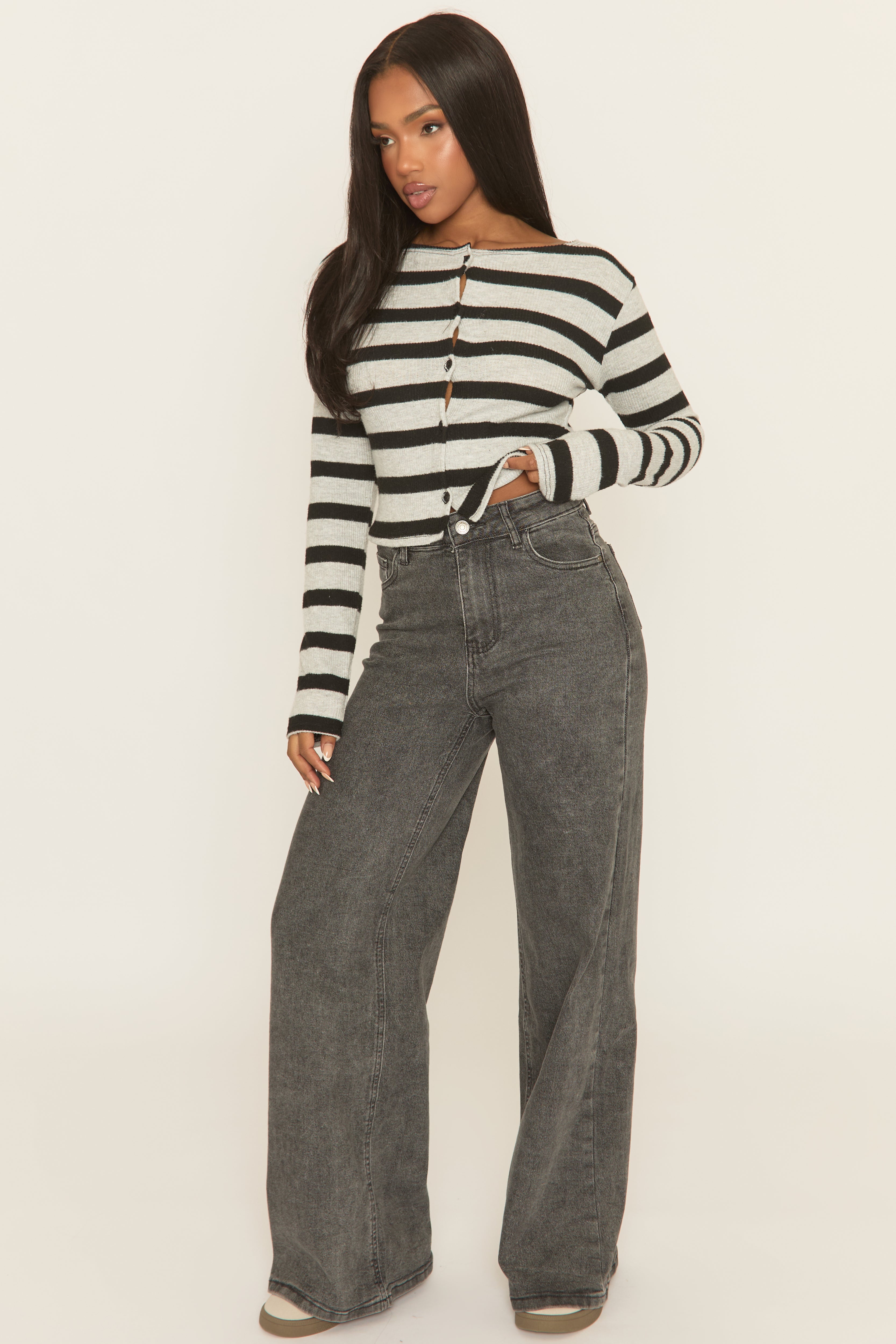 Grey Striped Brushed Rib Button Down Top - Joleena