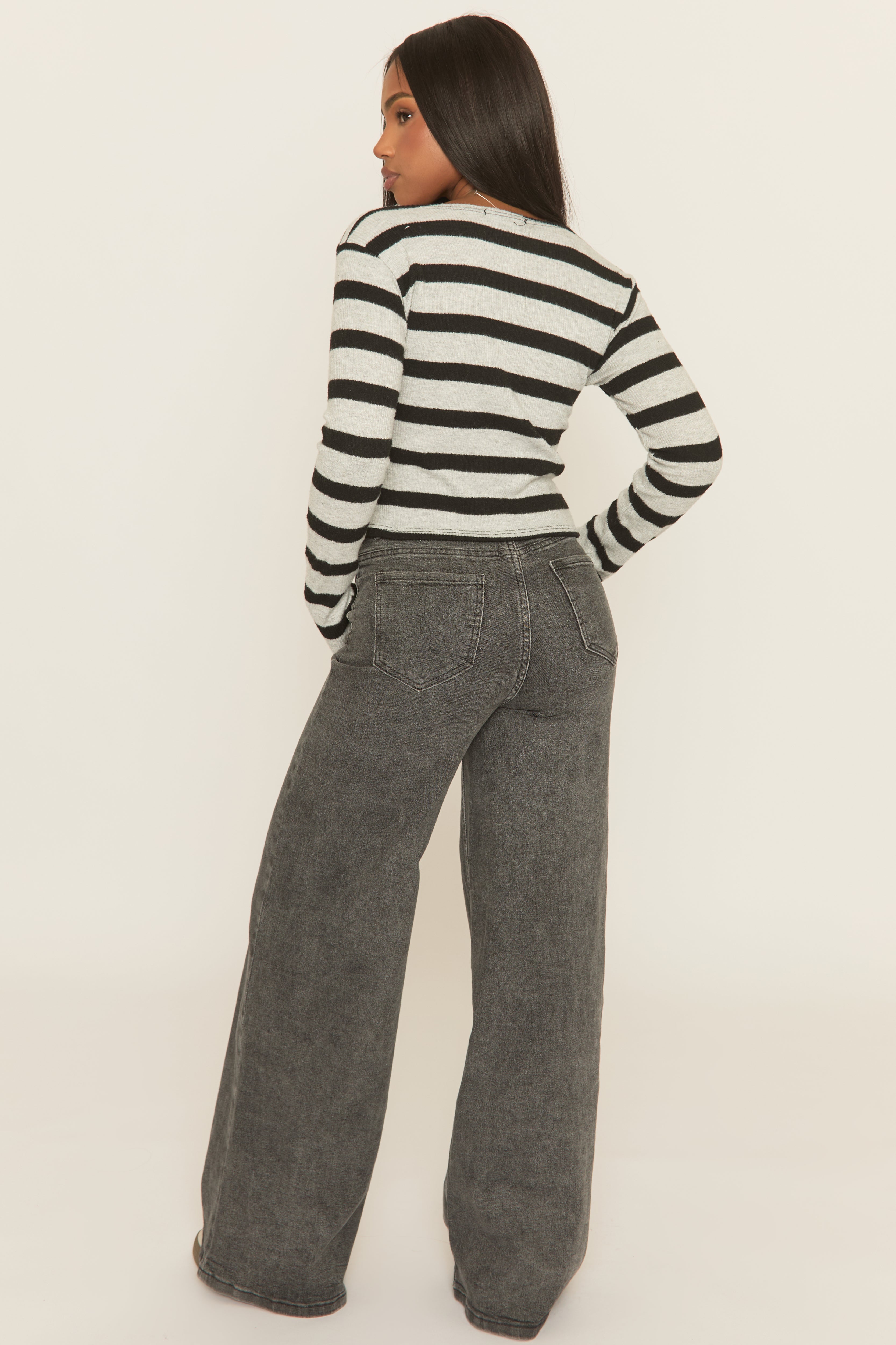 Grey Striped Brushed Rib Button Down Top - Joleena