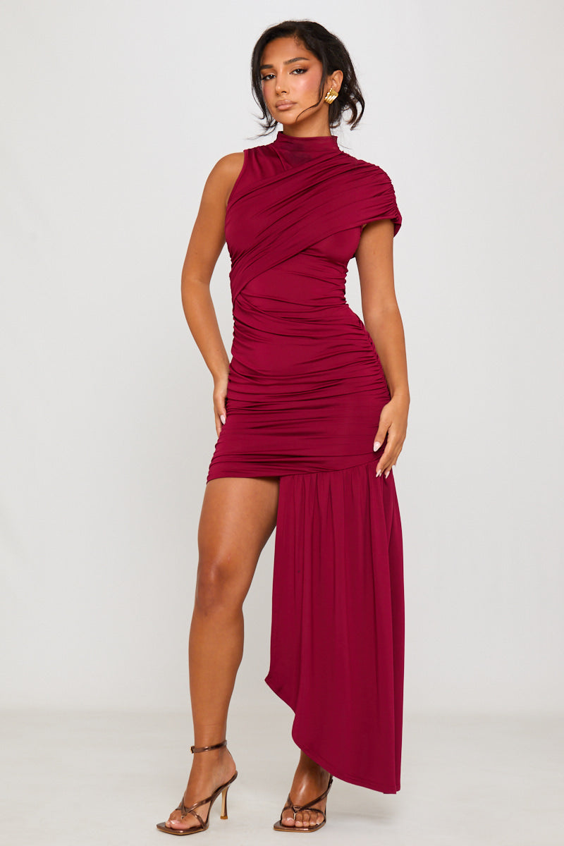 Burgundy Draped High Neck Mini Dress
