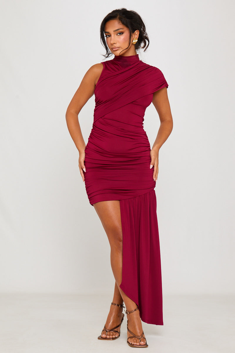 Burgundy Draped High Neck Mini Dress