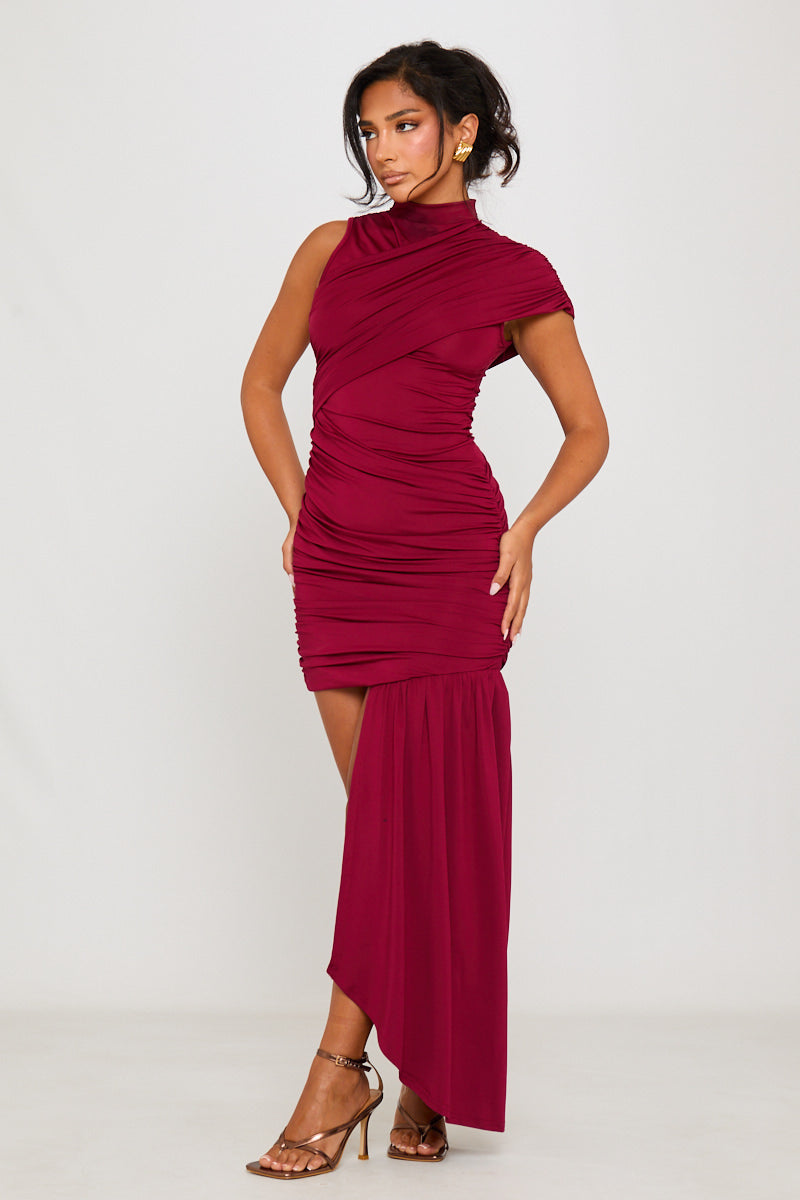 Burgundy Draped High Neck Mini Dress