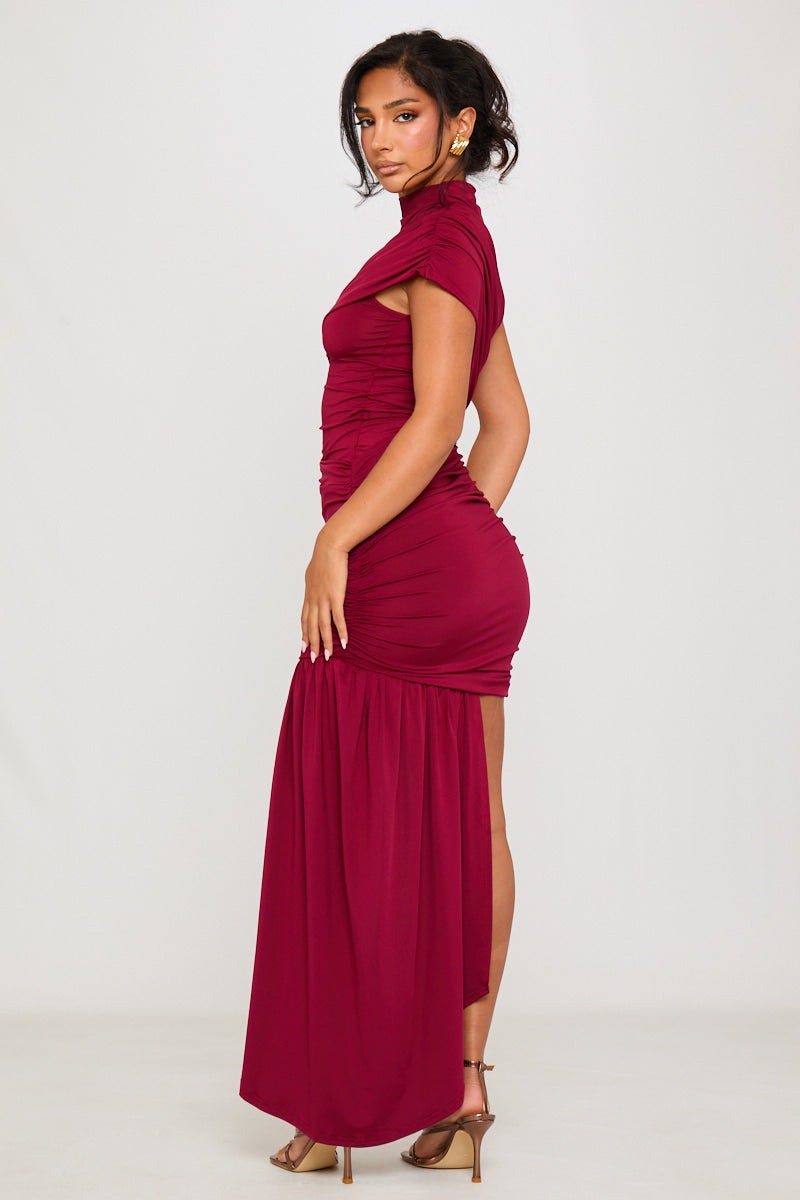 Burgundy Draped High Neck Mini Dress