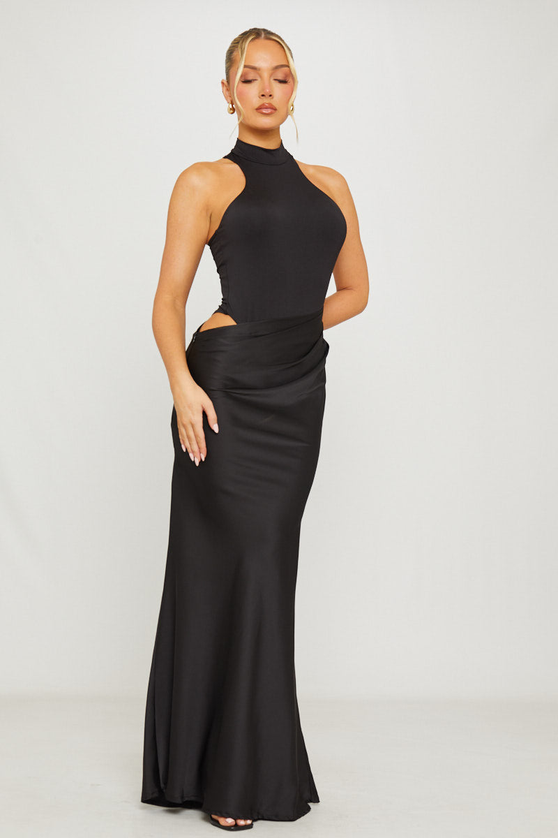 Black Asymmetric Draped Mock Neck Maxi Dress