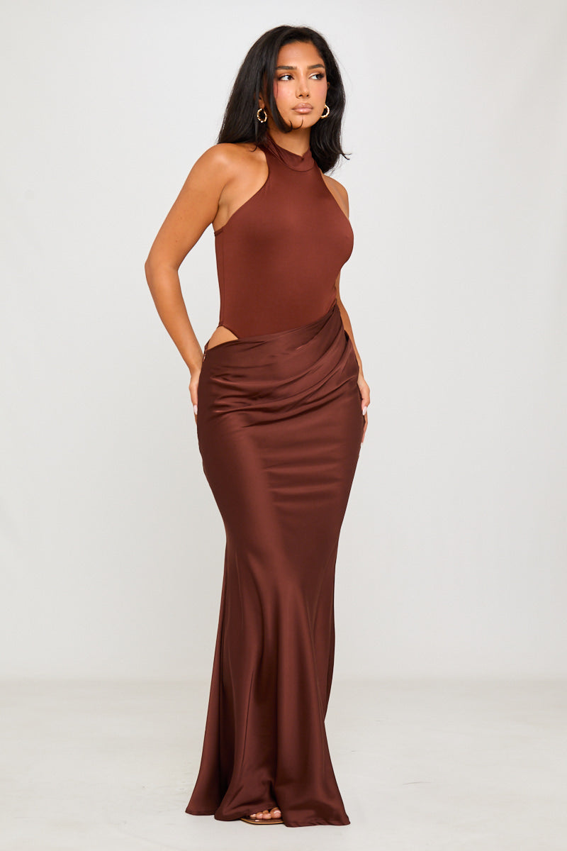 Brown Asymmetric Draped Mock Neck Maxi Dress