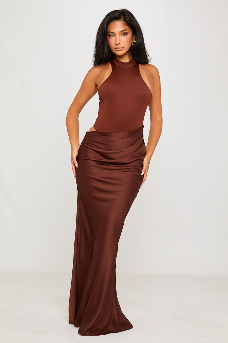 Brown Asymmetric Draped Mock Neck Maxi Dress