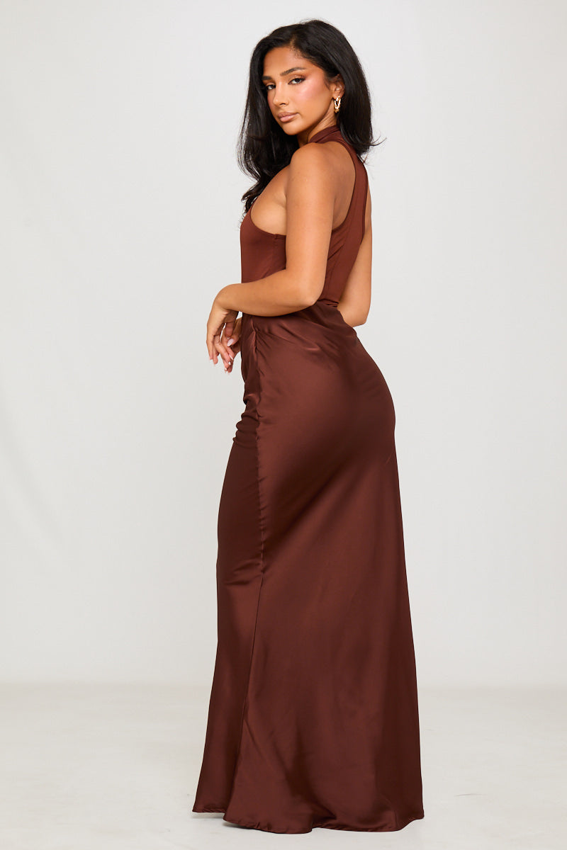 Brown Asymmetric Draped Mock Neck Maxi Dress