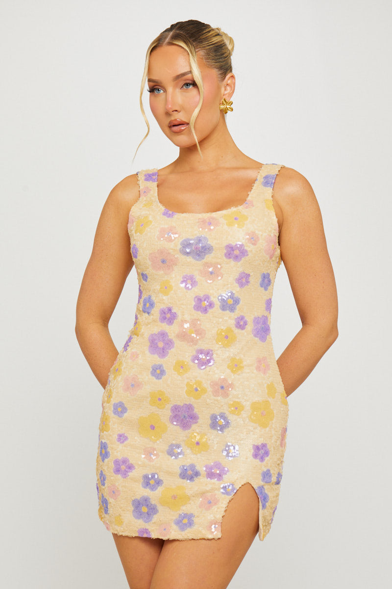 Purple Sequin Floral Square Neck Mini Dress