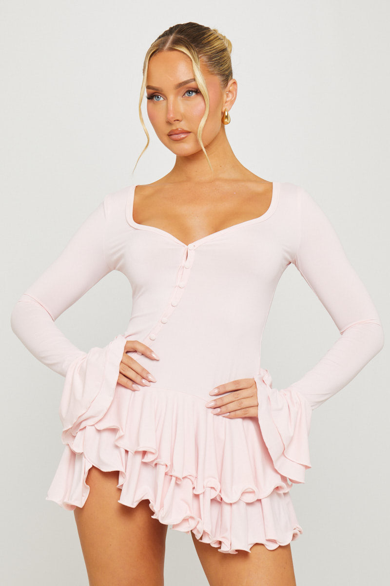 Pink Ruffle Pleated Flare Mini Dress