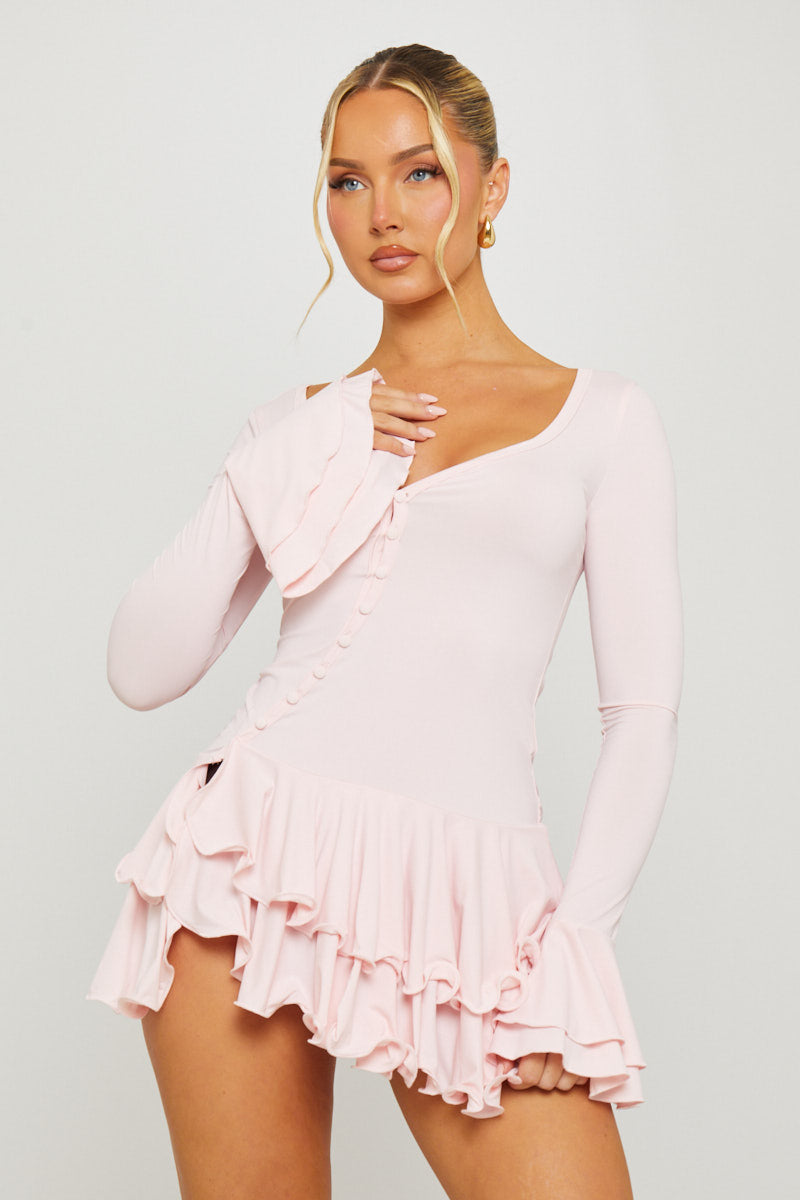 Pink Ruffle Pleated Flare Mini Dress