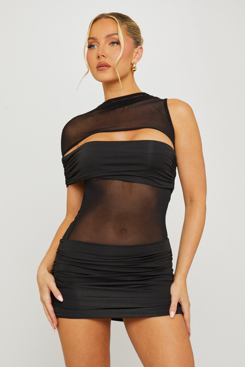 Black Sheer Mesh One-Shoulder Midi