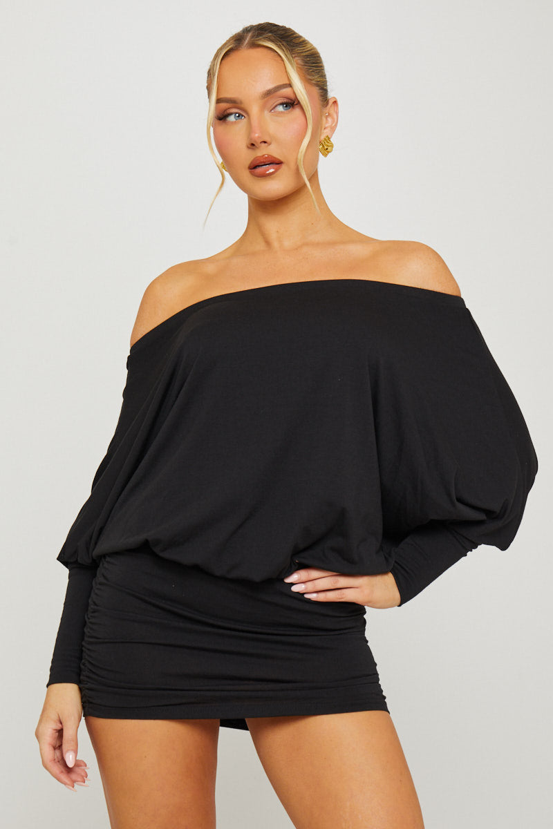 Black Ruched Batwing Off-Shoulder Mini Dress