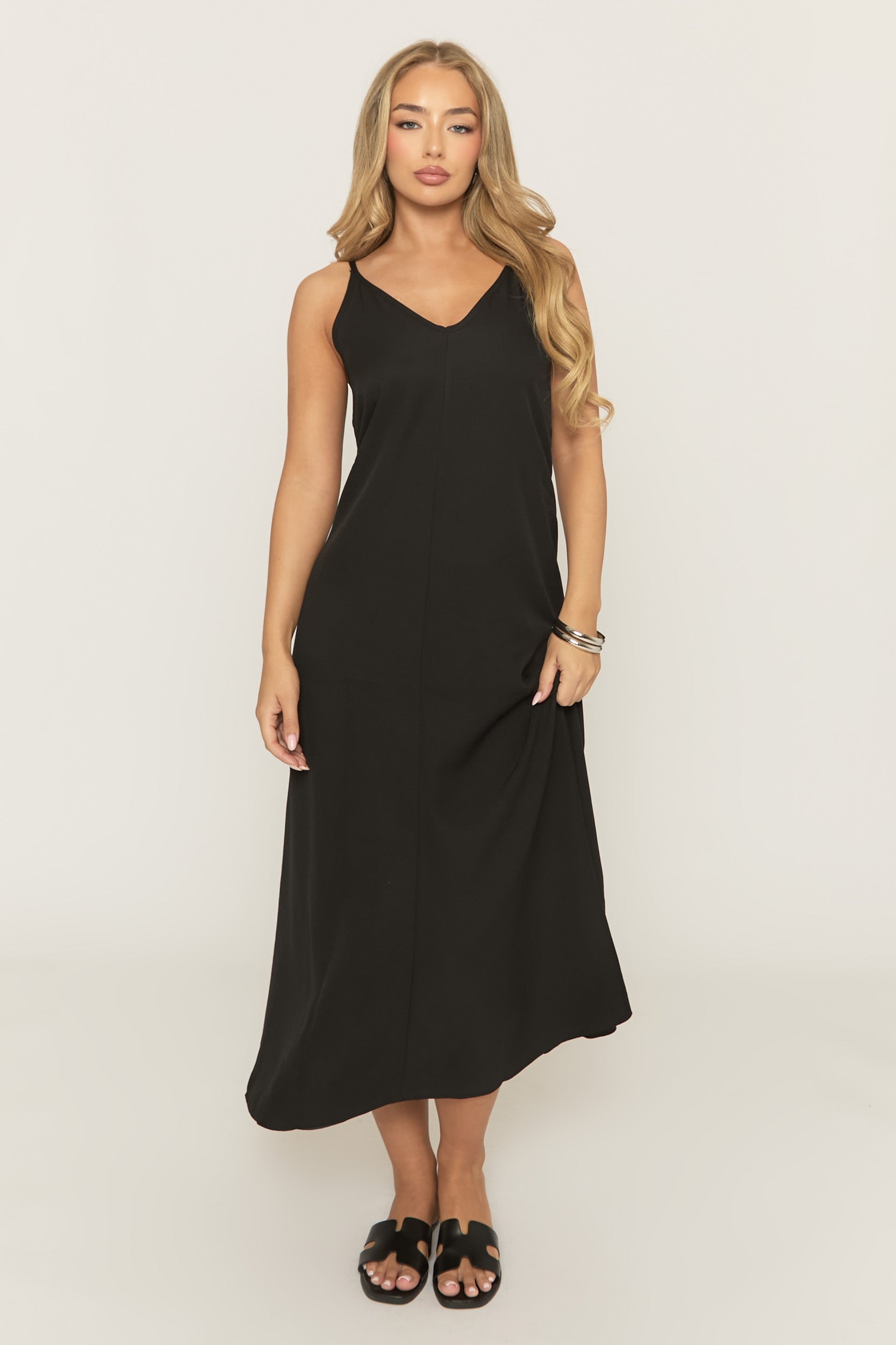 Black Linen Look Strappy Midi Dress - Mirri