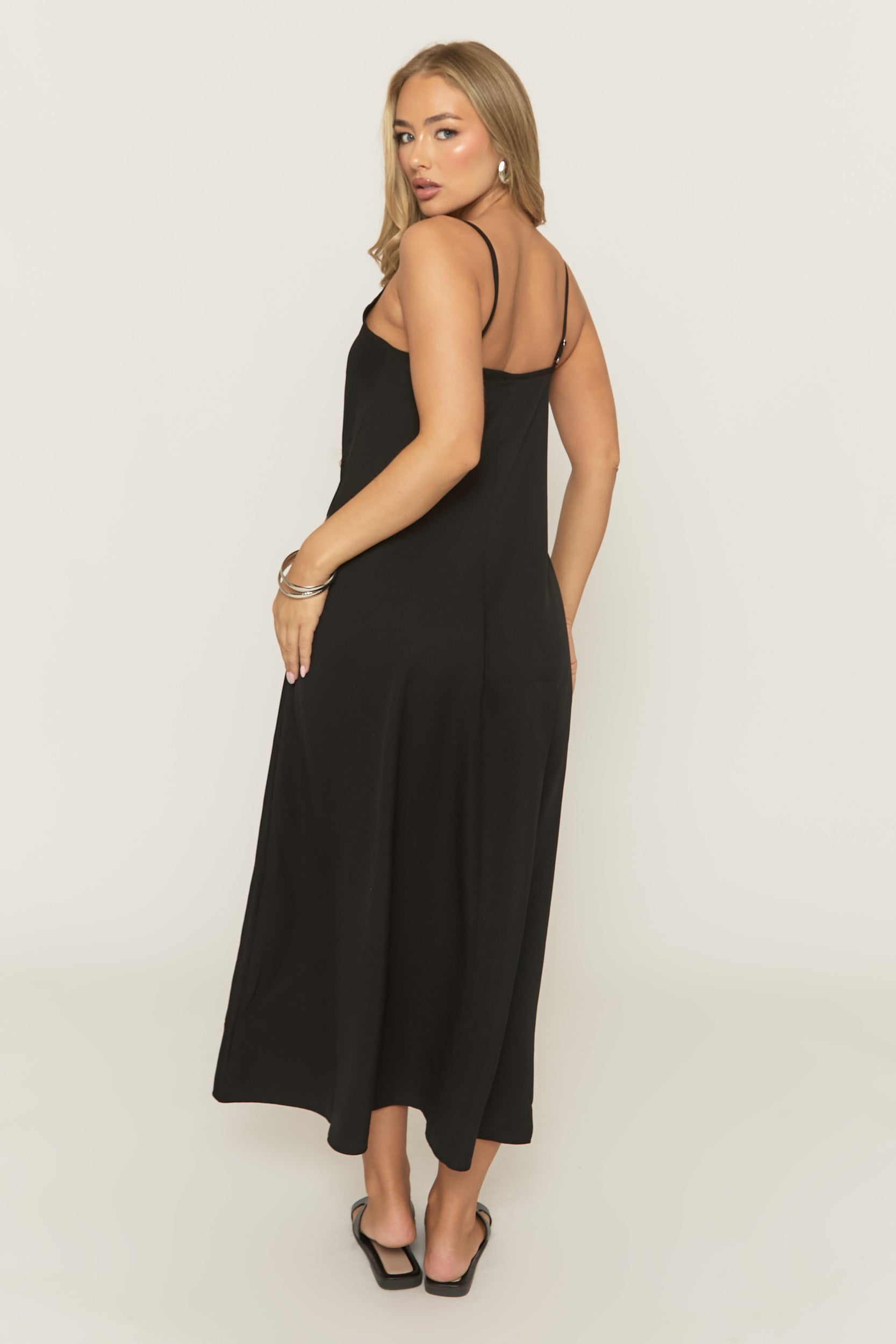 Black Linen Look Strappy Midi Dress - Mirri