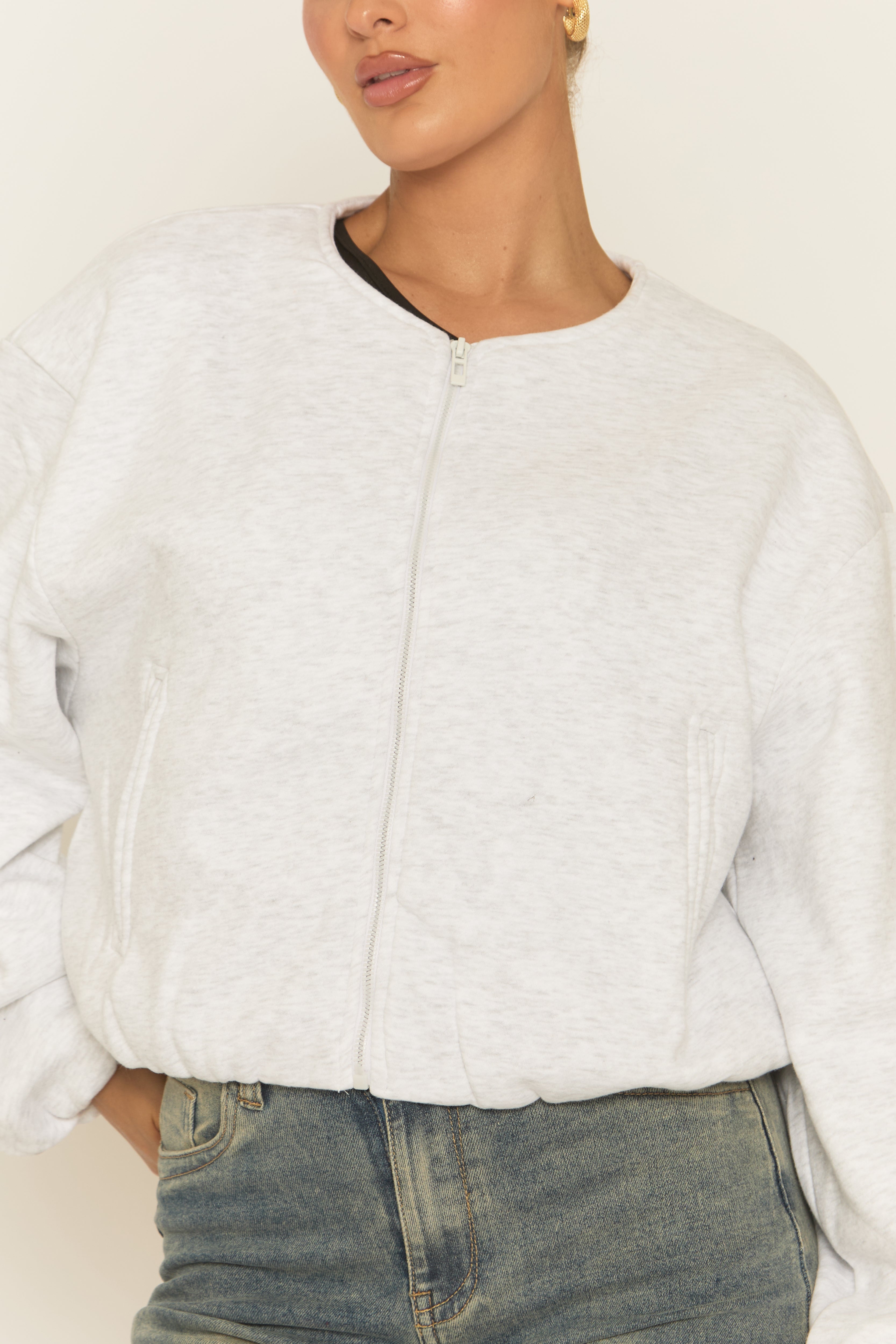 Grey Marl Collarless Lightweight Bomber Jacket - Averil