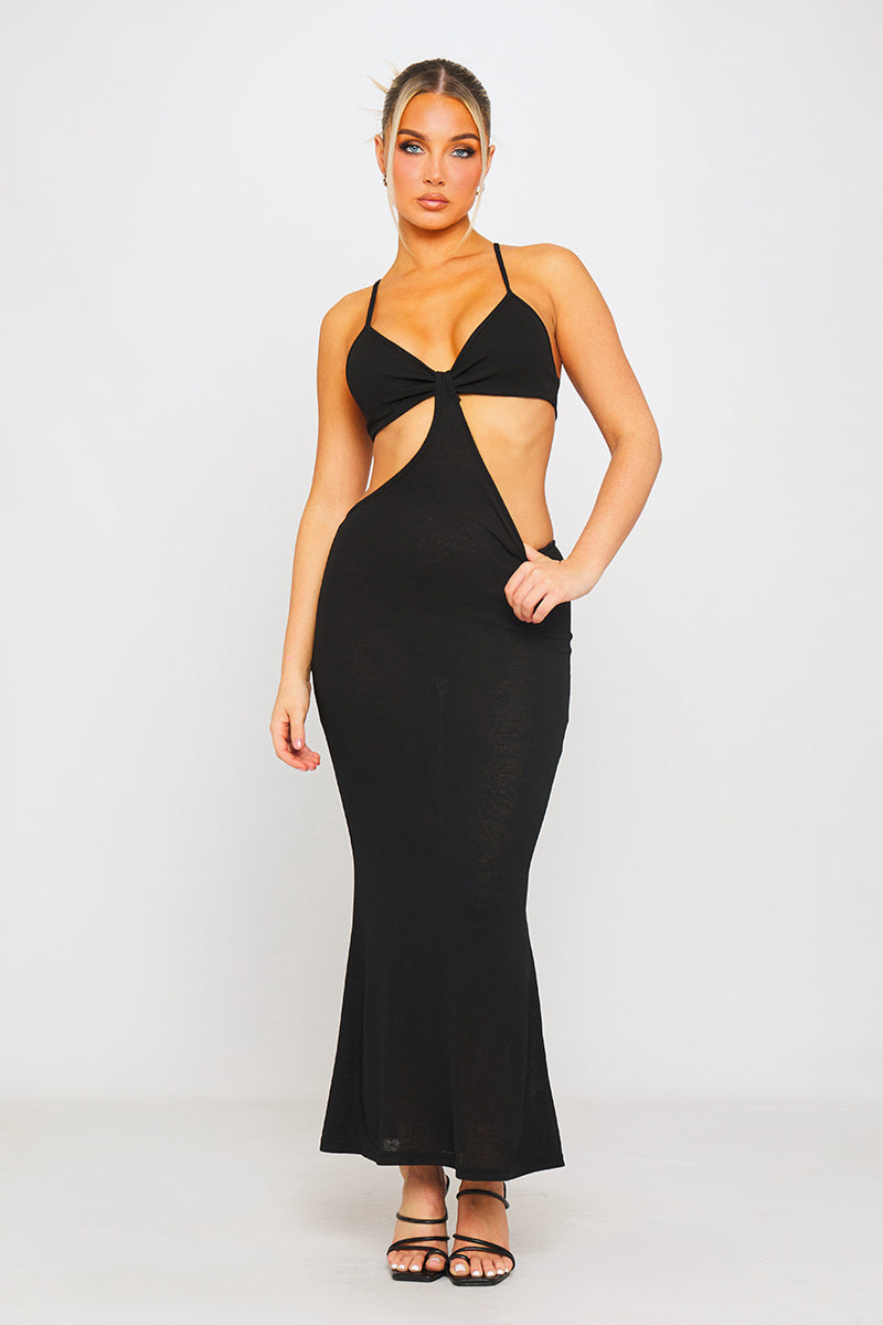 Black Knit Sheer Cut Out Maxi Dress