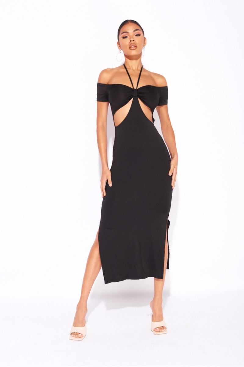 Black Cut Out Halterneck Split Midi Dress