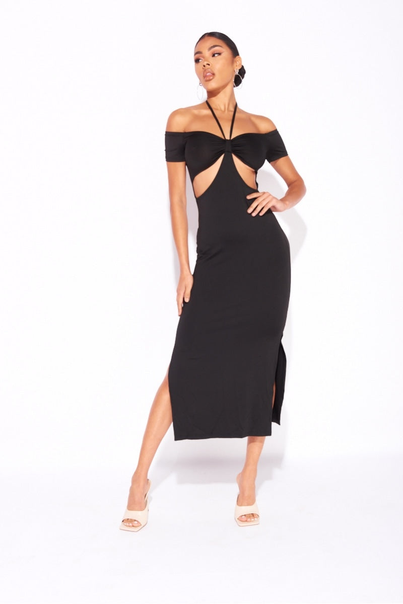Black Cut Out Halterneck Split Midi Dress