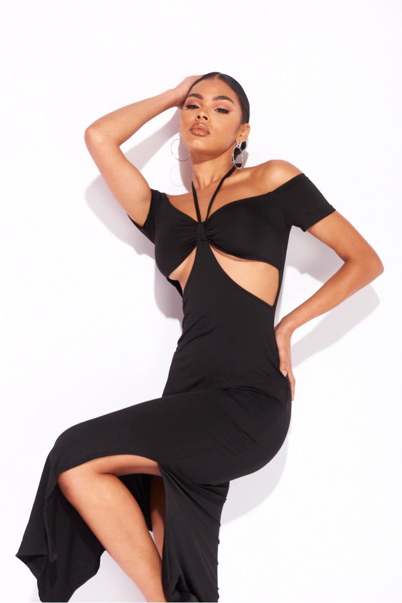 Black Cut Out Halterneck Split Midi Dress