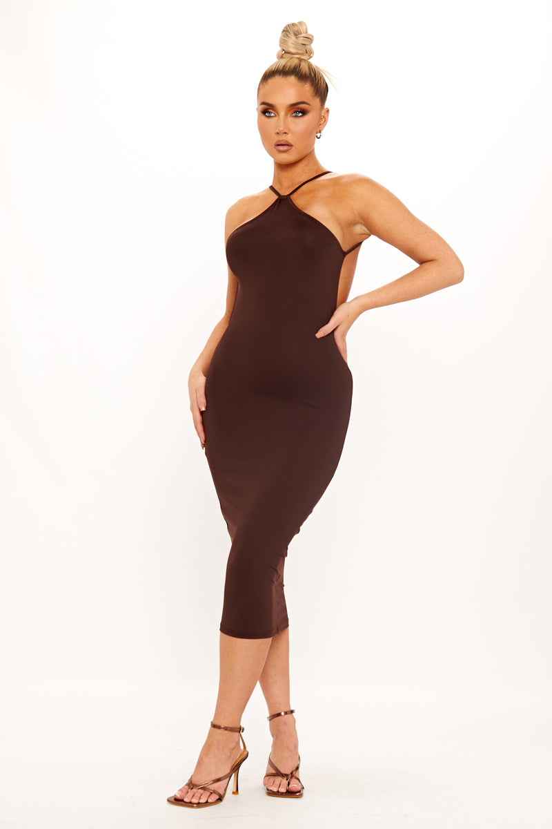 Brown Backless Ruched Halter Bodycon Midi Dress