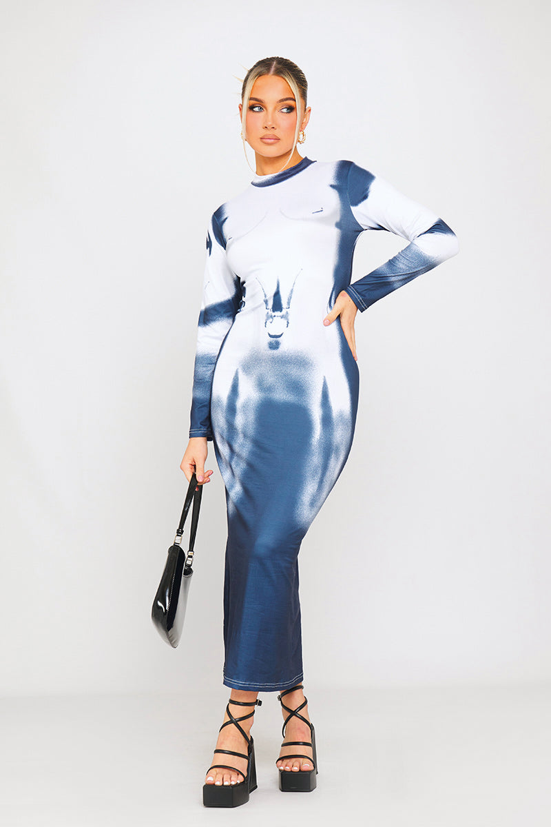 Blue White Body Art High Neck Midi Dress