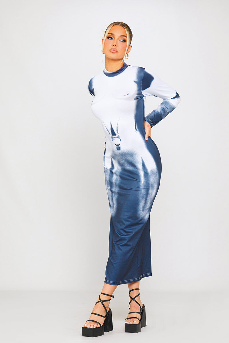 Blue White Body Art High Neck Midi Dress