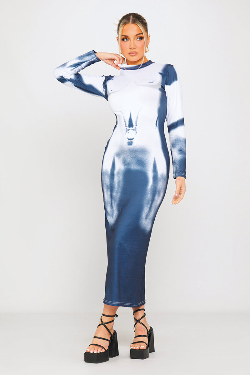 Blue White Body Art High Neck Midi Dress