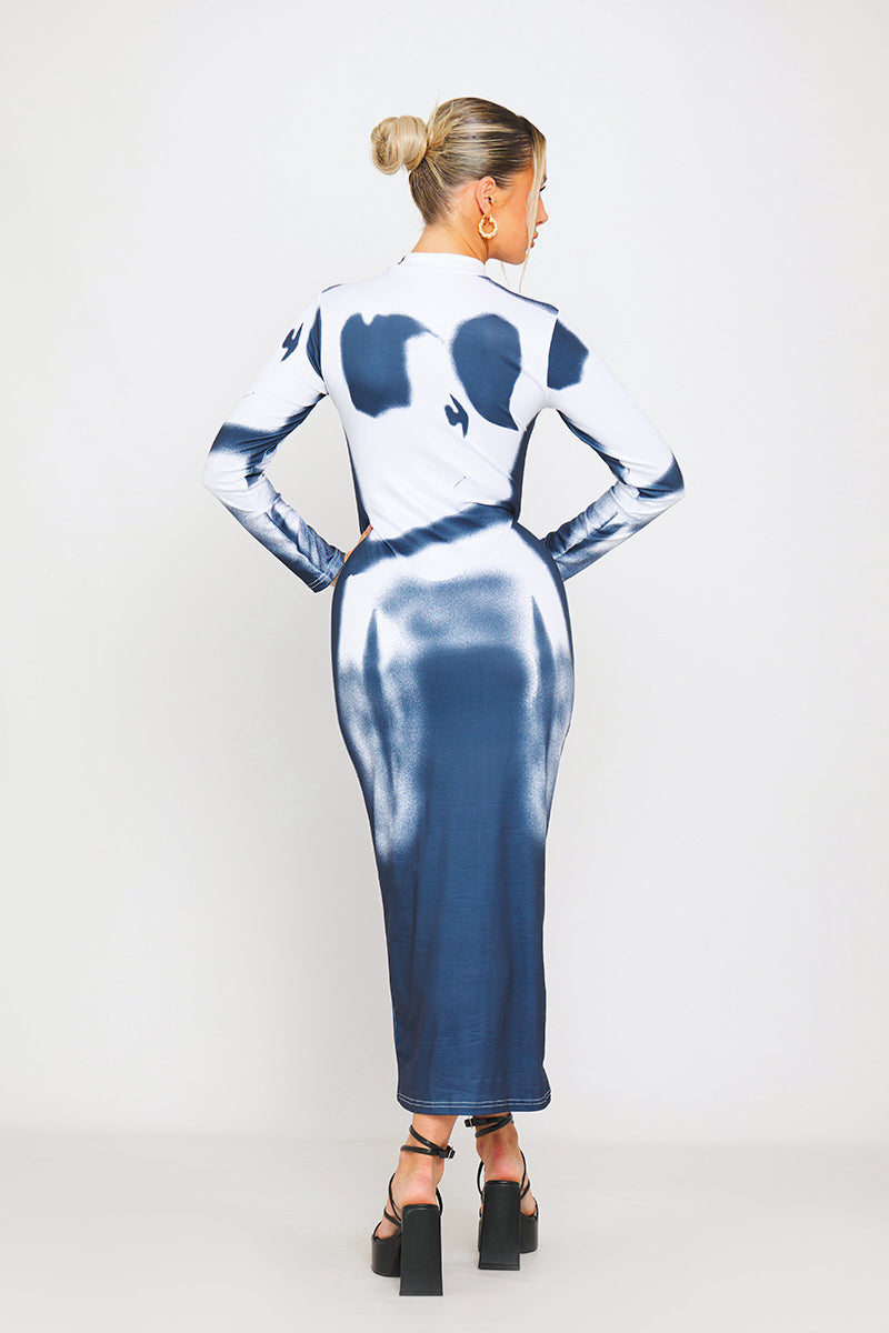 Blue White Body Art High Neck Midi Dress