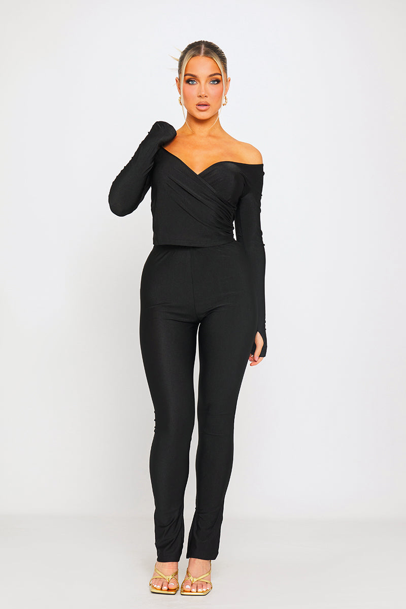 Elegant Wrap Plunge Split Leggings Matching Co-Ord