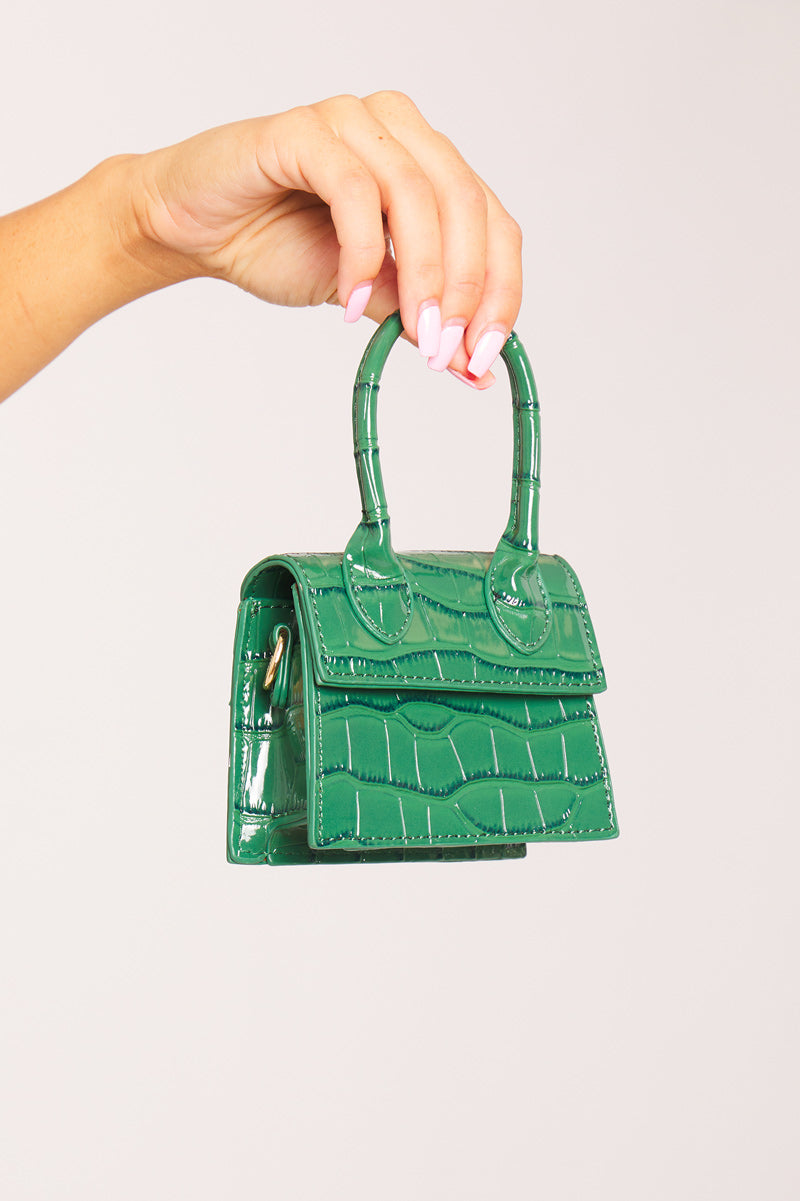 Black Faux Croc Leather Top Handle Mini Bag