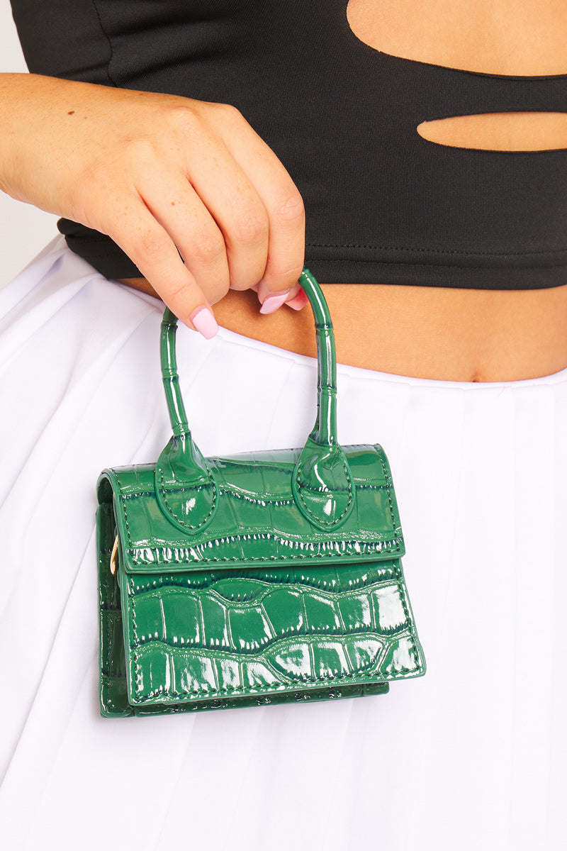 Black Faux Croc Leather Top Handle Mini Bag
