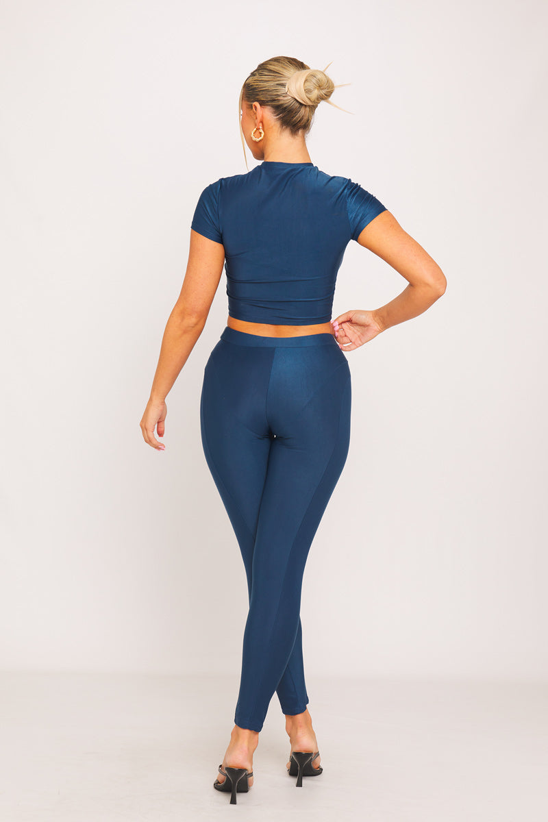 Black Shine Pin Tuck Short Sleeve Top & Leggings Co-Ord