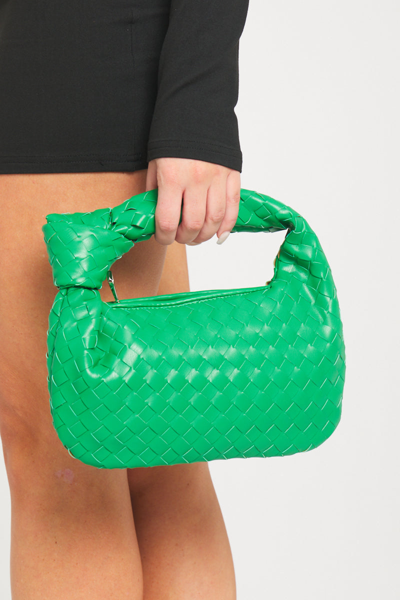 Black Faux Leather Woven Knot Top Handle Mini Bag