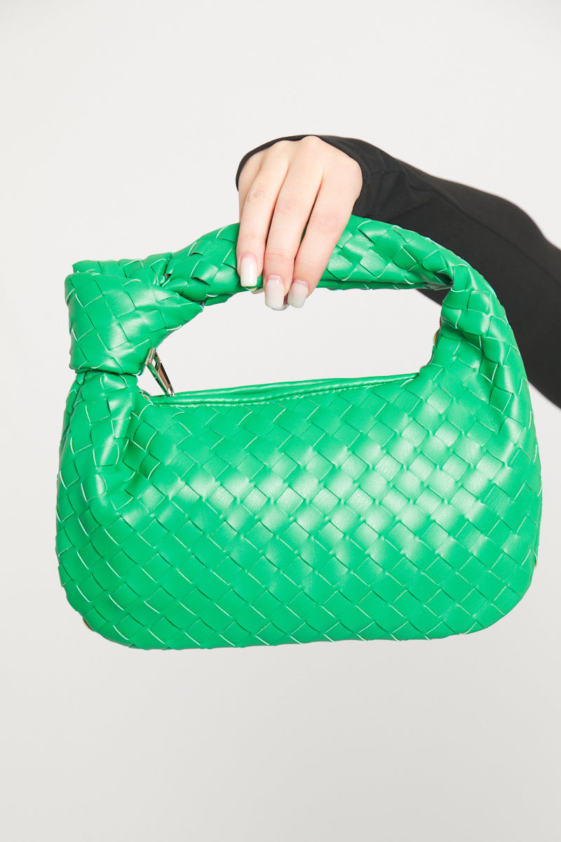 Black Faux Leather Woven Knot Top Handle Mini Bag
