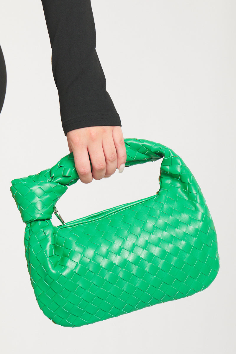 Black Faux Leather Woven Knot Top Handle Mini Bag