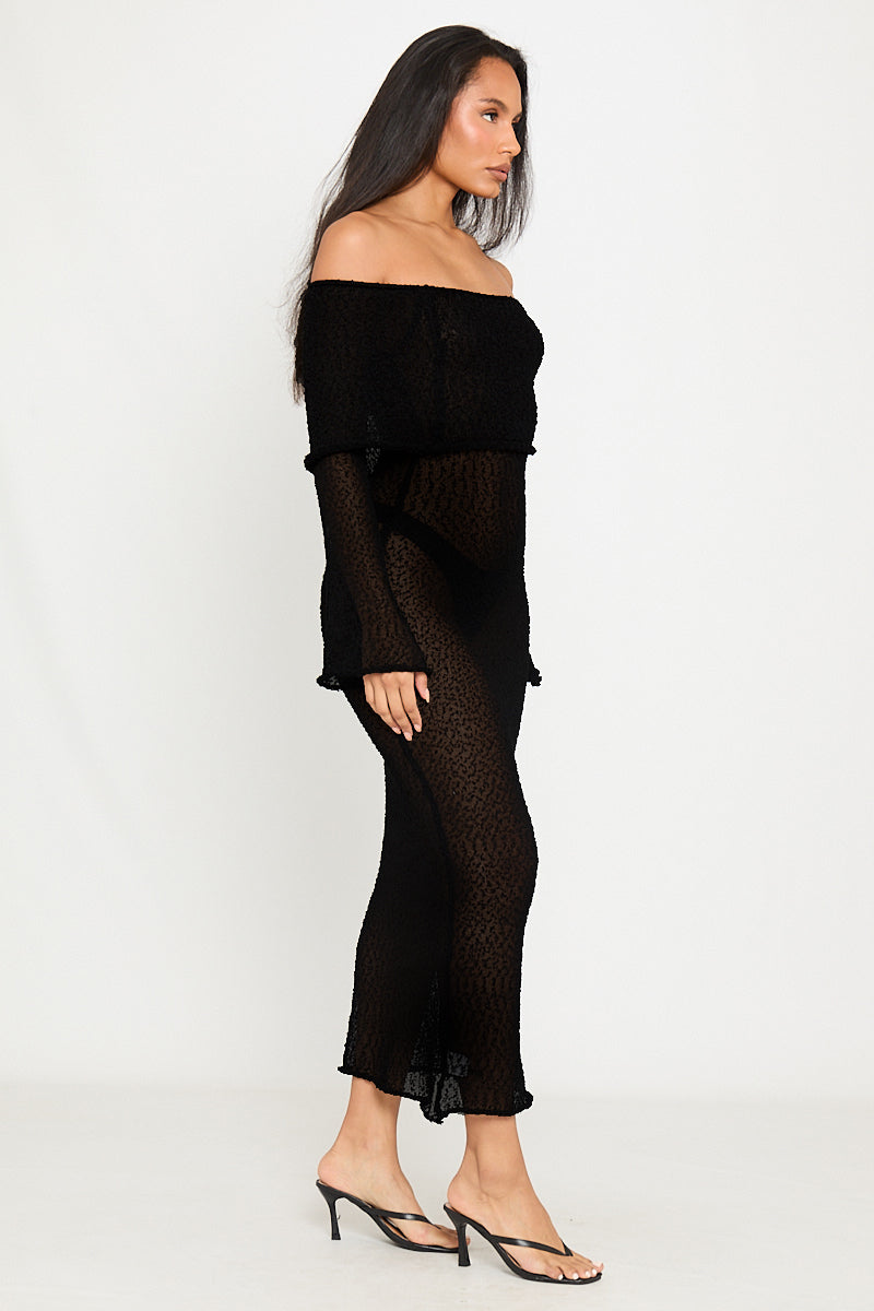 Black Off-Shoulder Boucle Maxi Dress