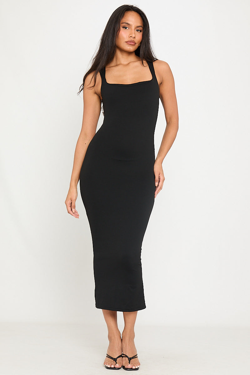 Black Bodycon Layered Square Neck Midi Dress