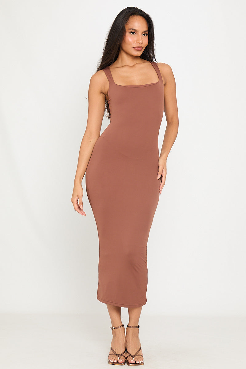 Coffee Bodycon Layered Square Neck Midi Dress