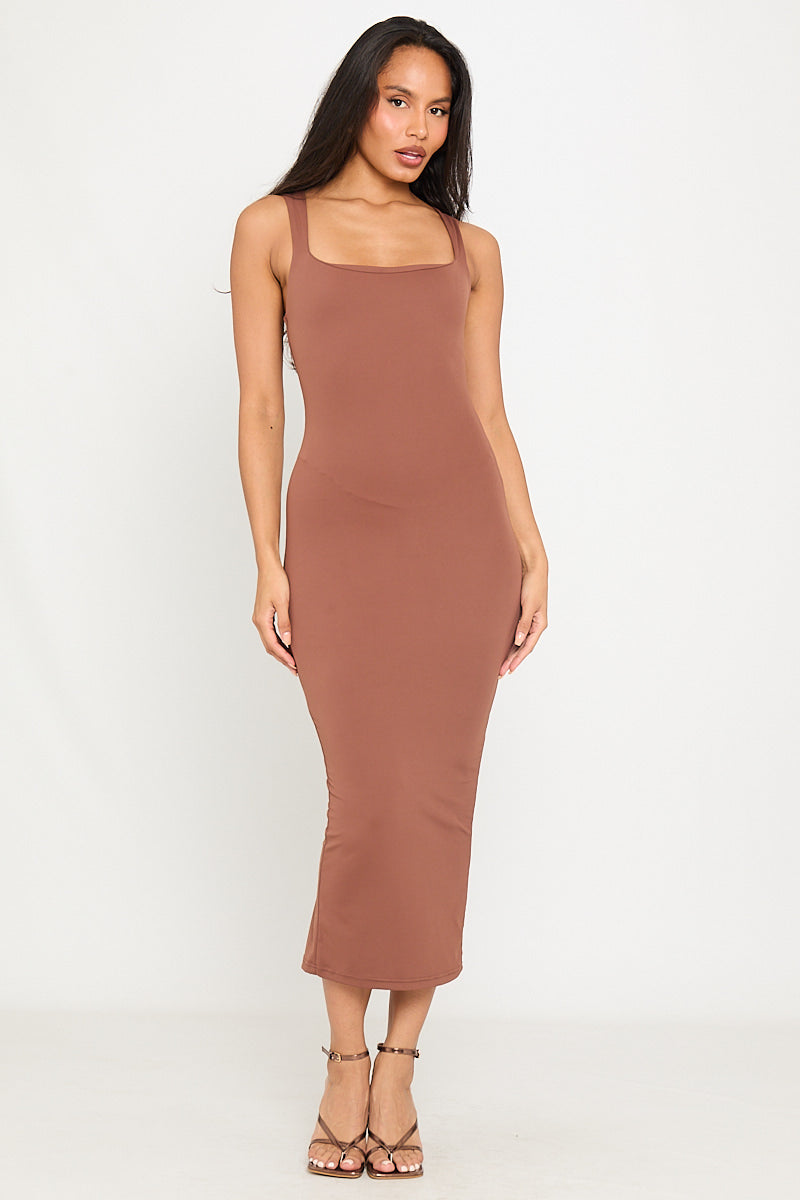 Coffee Bodycon Layered Square Neck Midi Dress