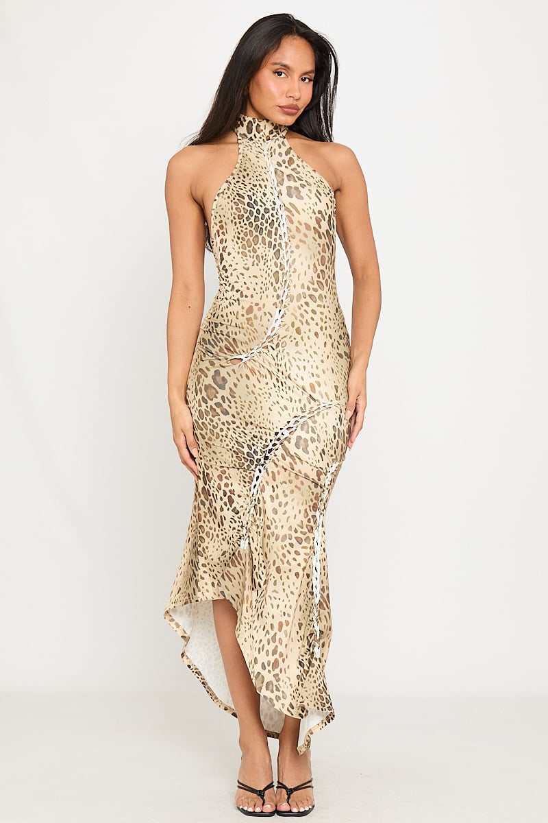 Leopard Print Open Back High Neck Maxi Dress