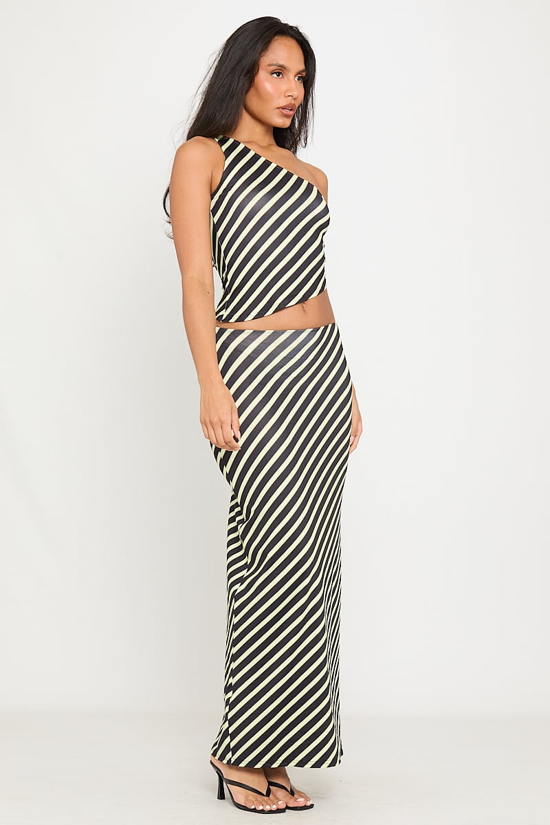 Statement Stripe Asymmetric Crop Top & Flared Maxi Skirt