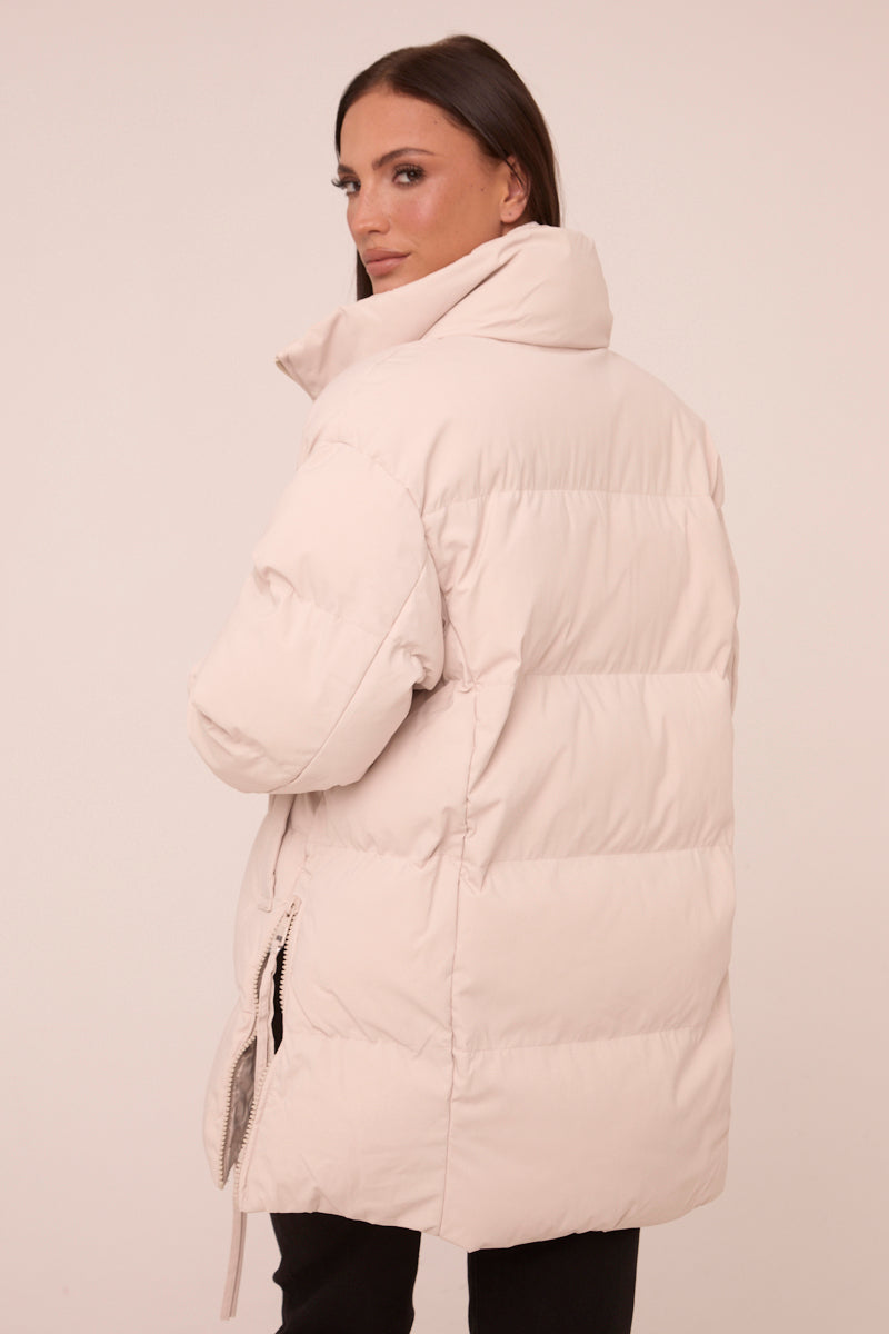 Stone High Neck Zip Fastening Puffer Jacket - Camelia