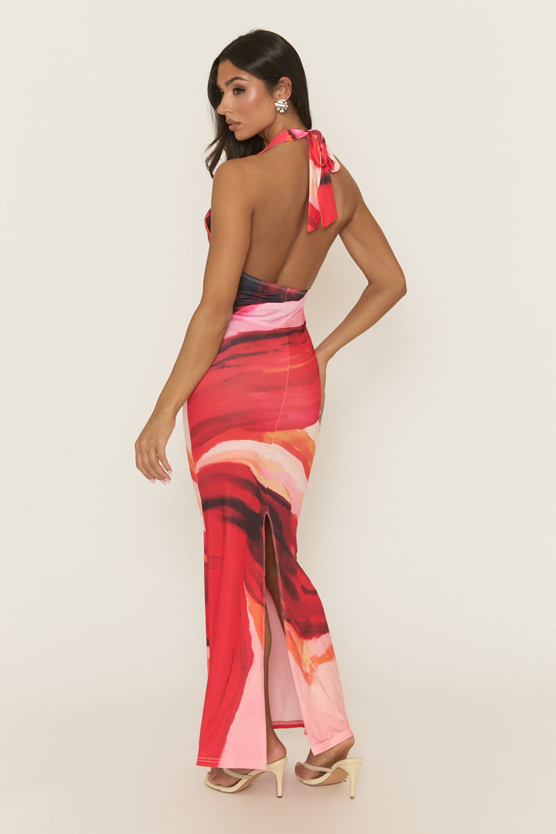 Red Printed Halterneck Maxi Dress - Preta