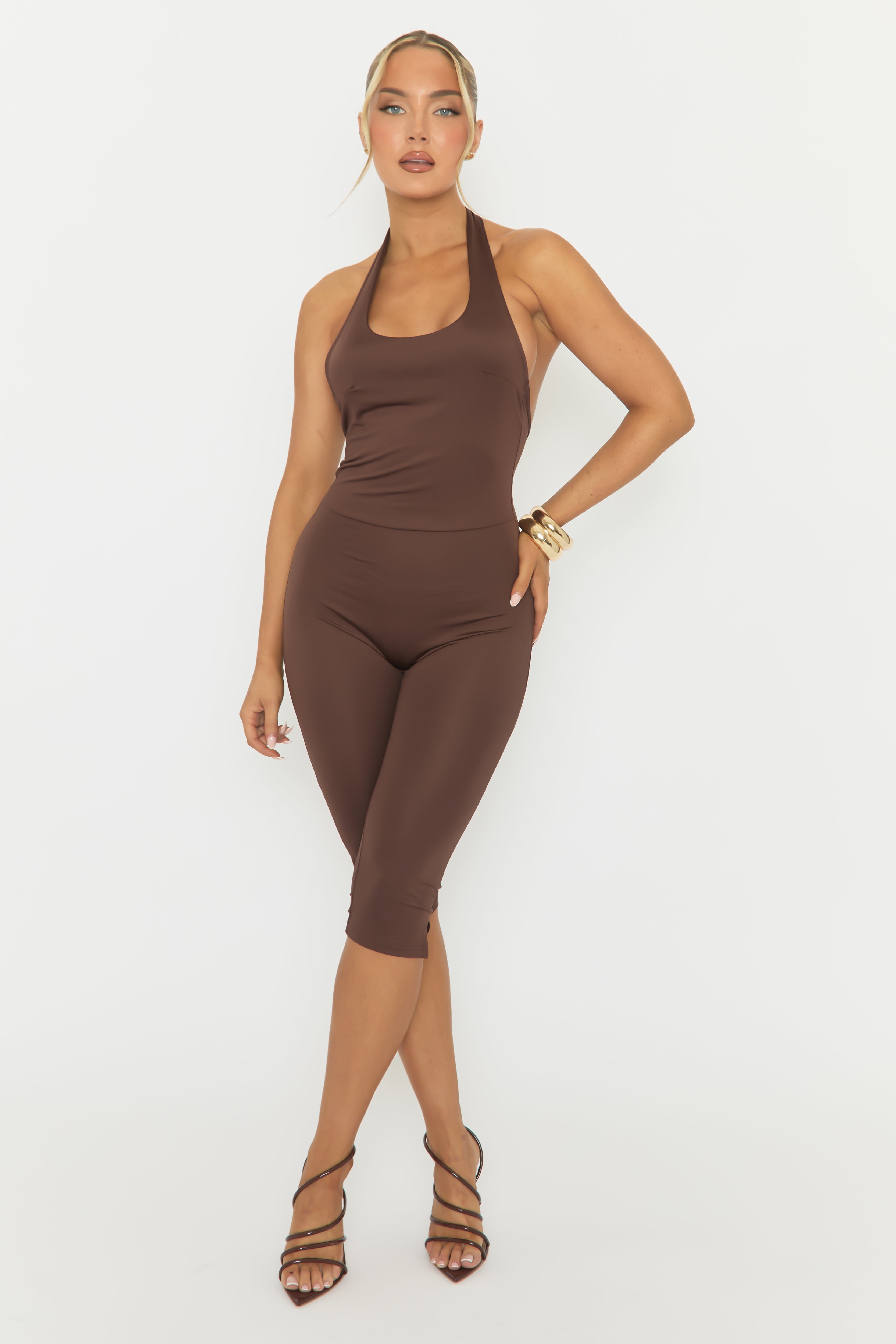 Chocolate Halterneck Square Neck Capri Jumpsuit - Renelle