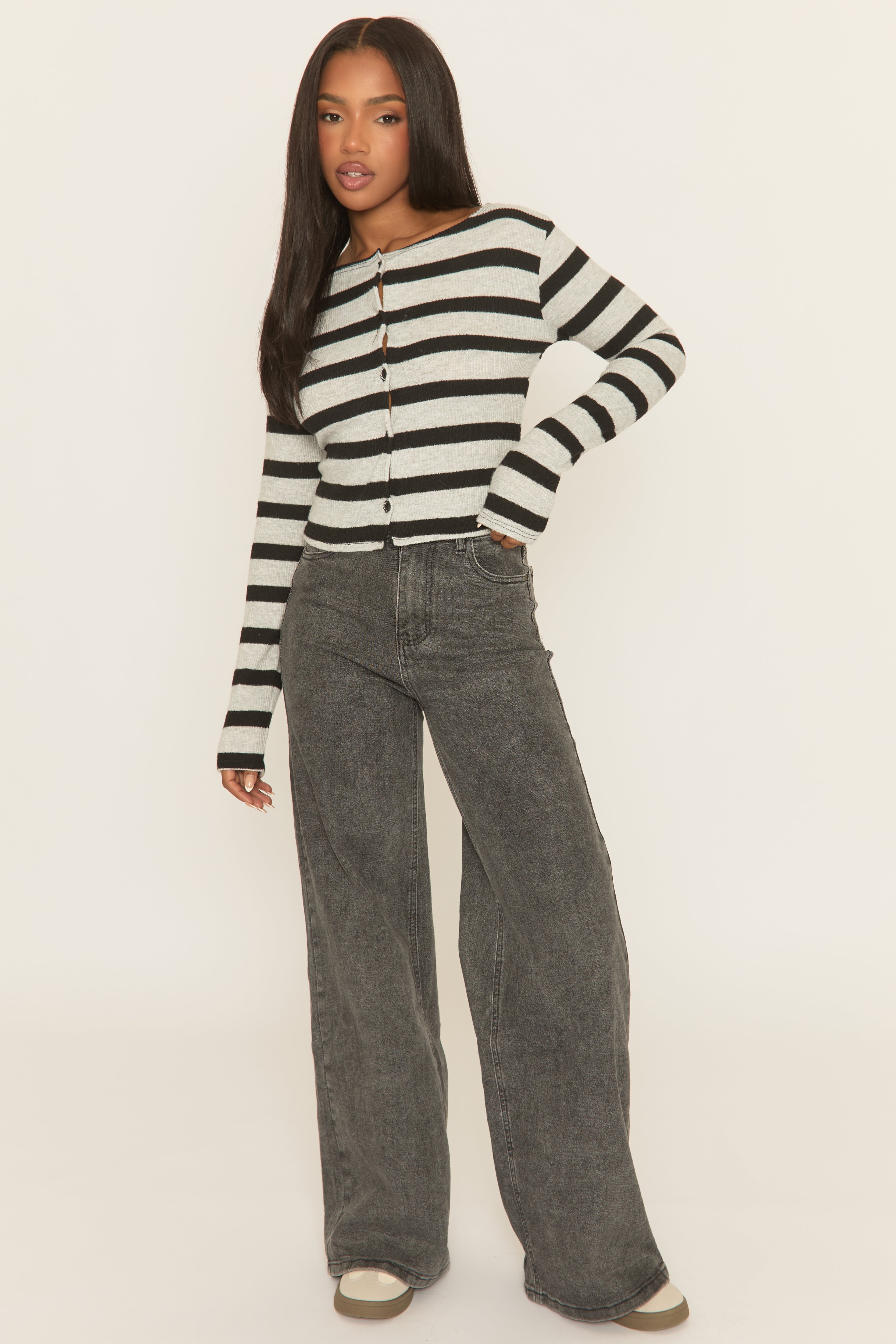 Grey Striped Brushed Rib Button Down Top - Joleena