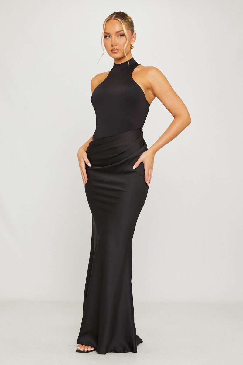 Black Asymmetric Draped Mock Neck Maxi Dress