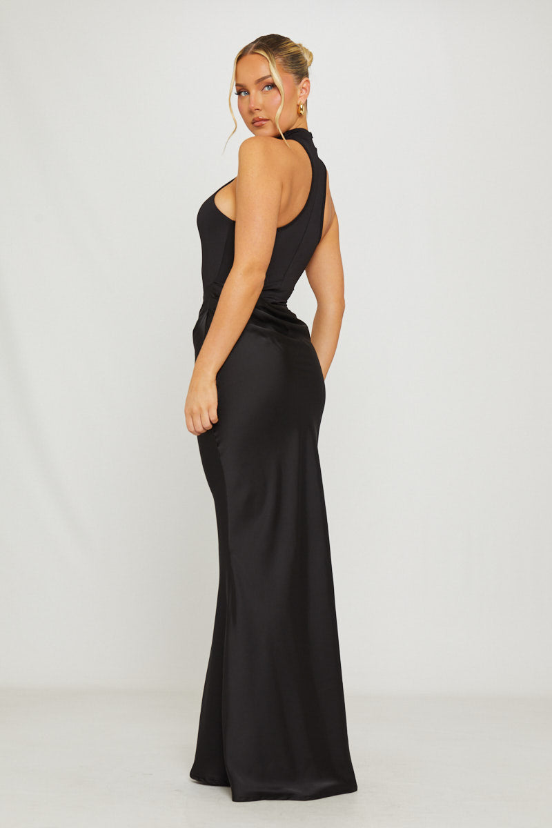 Black Asymmetric Draped Mock Neck Maxi Dress