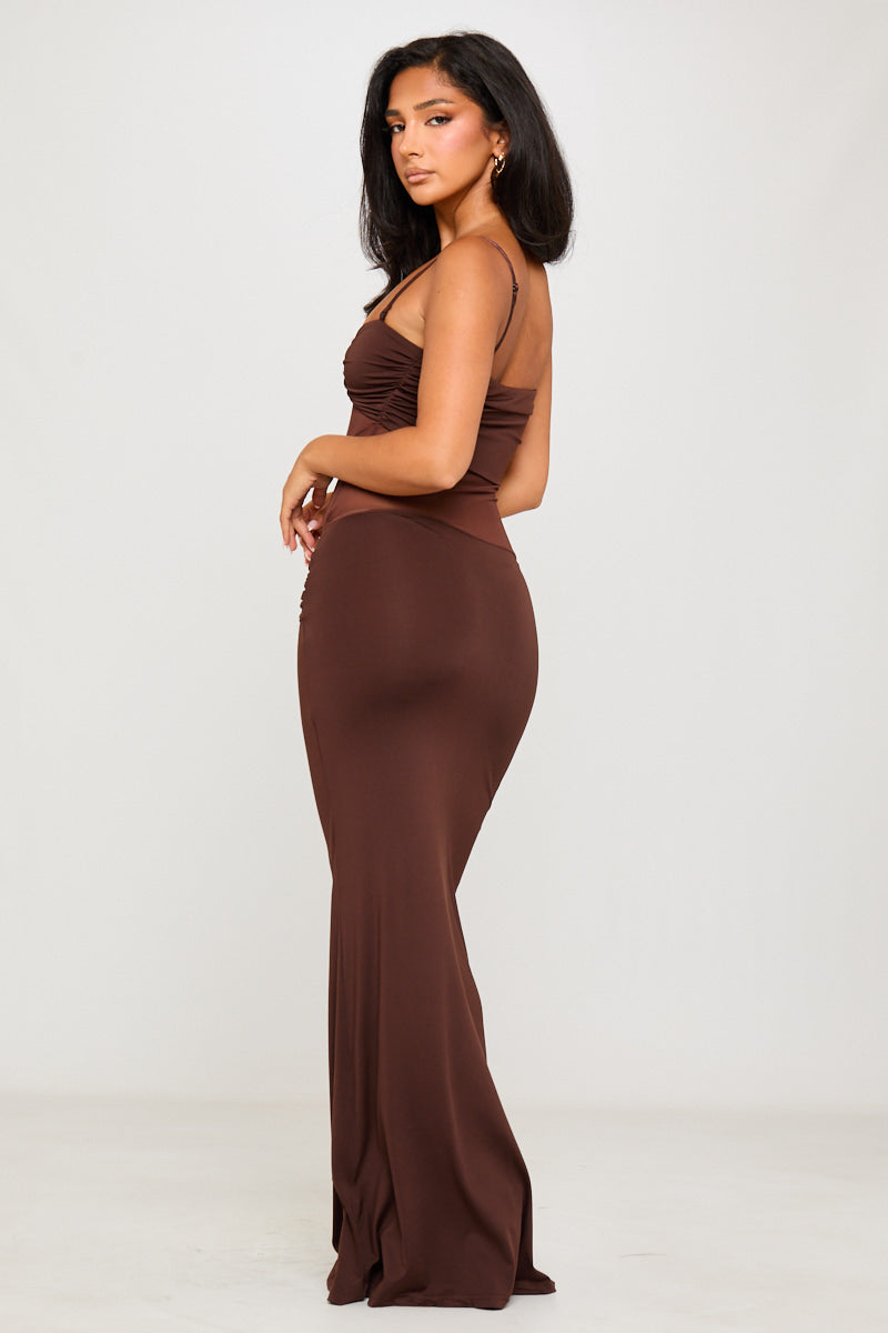 Brown Sheer Panel Twist Maxi Dress