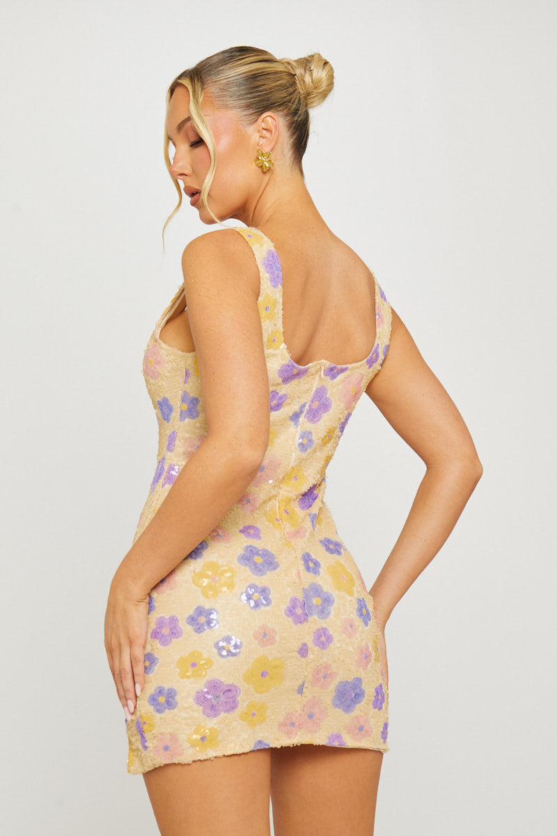 Purple Sequin Floral Square Neck Mini Dress