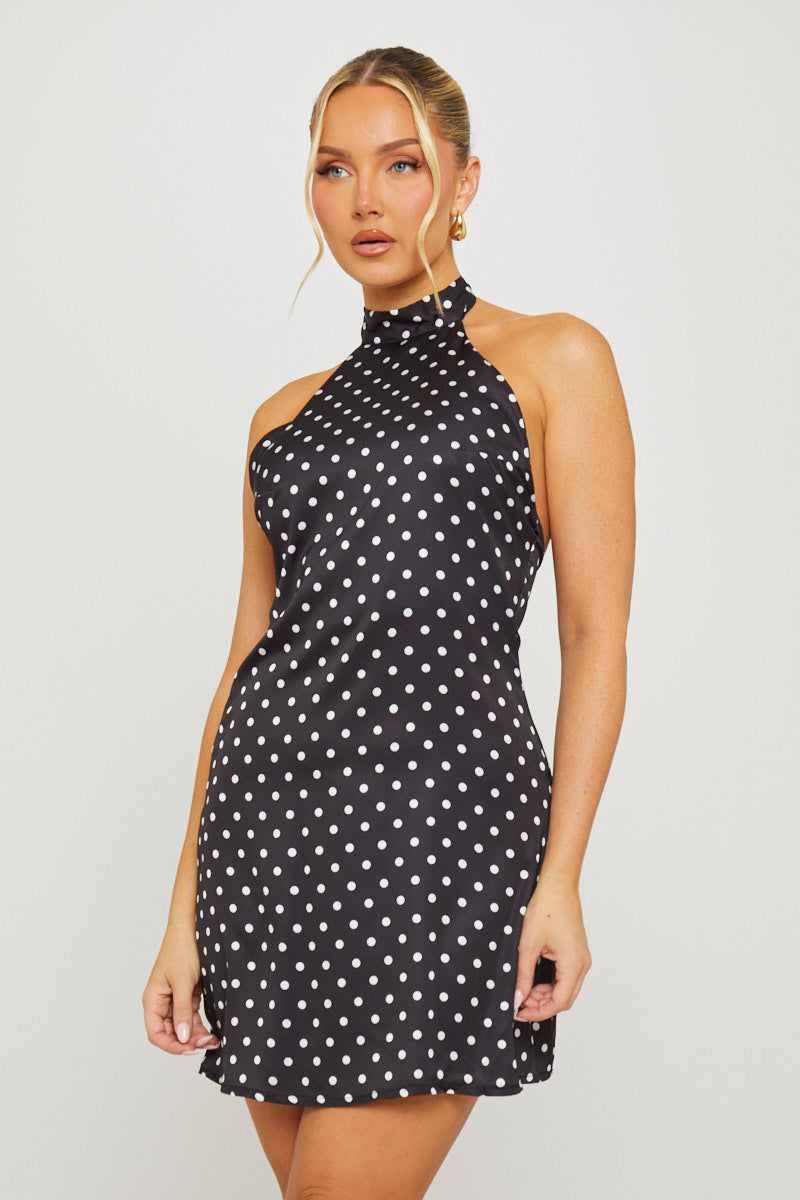 Black Open Back Polka Dot Halterneck Mini Dress
